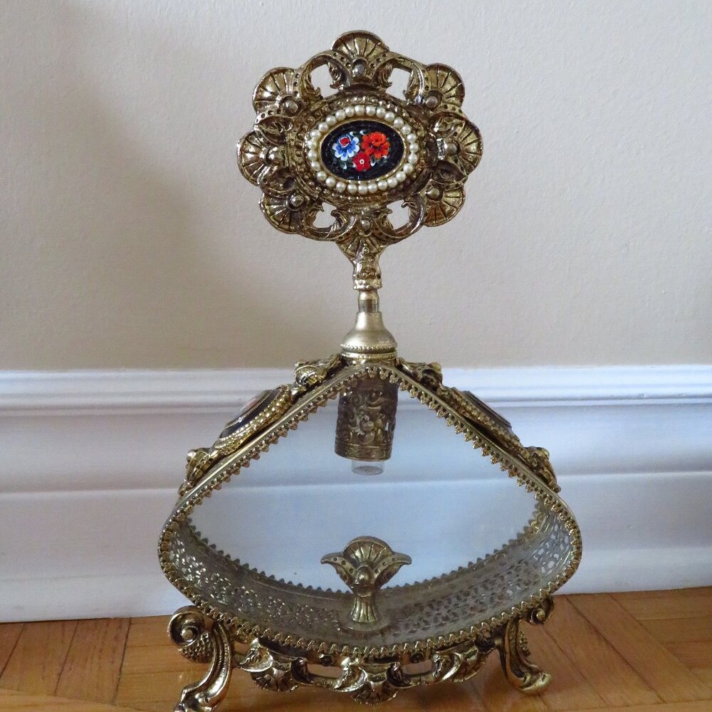 Vtg Extra Large Ormolu Gold Perfume Decanter Bottle Amber Beveled Glass & Large